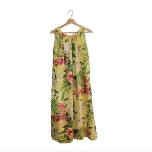 NWT BELLAMBIA 100% Linen Yellow/Pink Floral Dress Size M